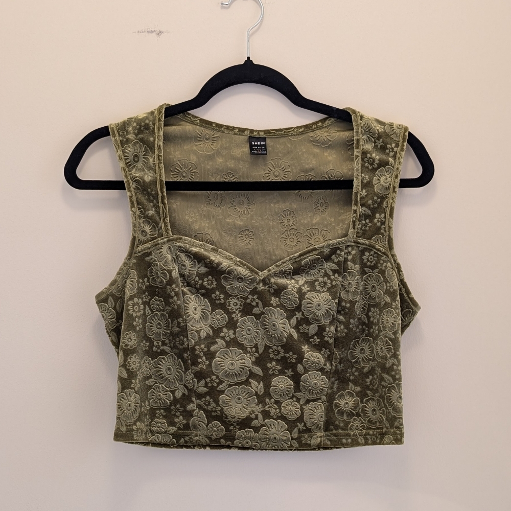 Shein Olive Green Sweetheart Neckline Floral Crop Tank Top